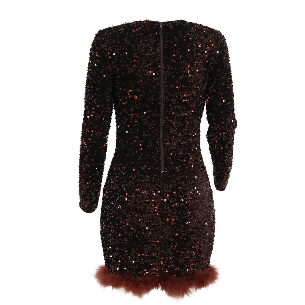 Sexy Luxury Sequins One Shoulder Mini Dress Elegant Black Feather Long Sleeve Backless Slim Dress Celebrity Evening Party Dress