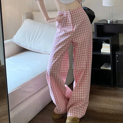 vmtvr High Waist Women Pink Plaid Pants Summer Fashion Streetwear Loose Wide Leg Pants Y2K All Match Female Straight Trousers