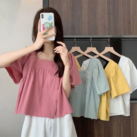 vmtvr Summer Women Shirts Korean Fashion Designed Big Button Female Shirts Casual All Match Student Short Sleeve Tops New