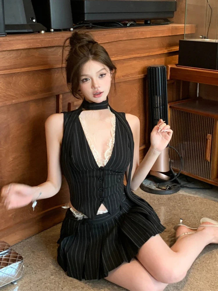 vmtvr 2024 Summer New Two Piece Set Streetwear V-neck Lace Patchwork Striped Casual Camisole Women + High Waist Pleated A-line Skirt