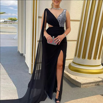 vmtvr - Fashion Banquet Ladies Long Dress Vestidos Sexy Sequin Stitching Mesh V-Neck Party Dress Women Elegant Slim High Slit Maxi Dress