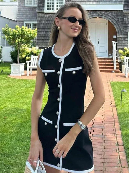 vmtvr  -  Knit Sleeveless Single Breasted Mini Dress Women Slim Contrast Female Patchwork Dresses Spring Fashion O Neck Pockets Lady Robe