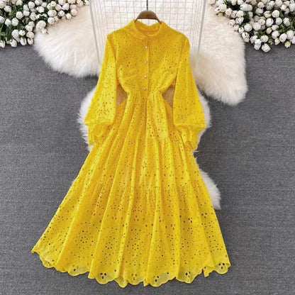 Vintage Elegant Women Summer Embroidery Hollow Out Midi Long Dresses Lady Boho A Line Vestidos Elbise Frocks Vestidos Za