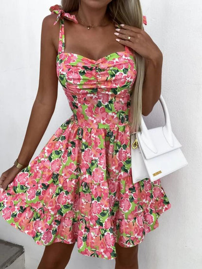 vmtvr - 2023 Summer Fashion Short Boho Dress Women Mini Floral Print Dress Female Sleeveless Hanging Belt Printed Waist Folded Dress