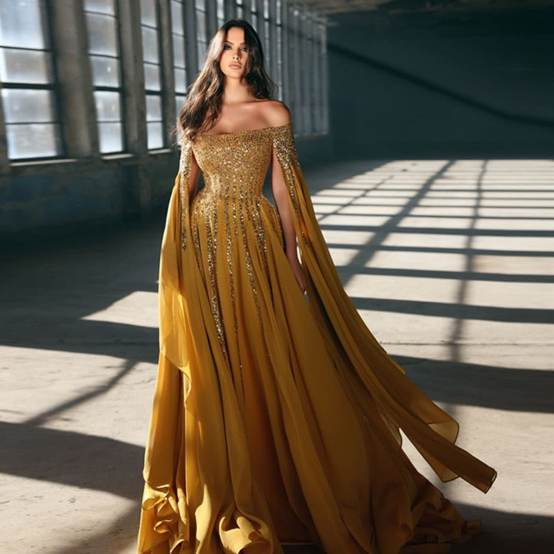 vmtvr Elegant Ginger Yellow Sequined A-line Chiffon Evening Dresses With Long Split Batwing Sleeve Boat Neck Long Evening Gowns