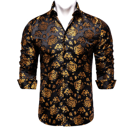 Men's Long Sleeve Black Paisley Silk Dress Shirts Casual Tuxedo Social Shirt Luxury Designer Men Clothing