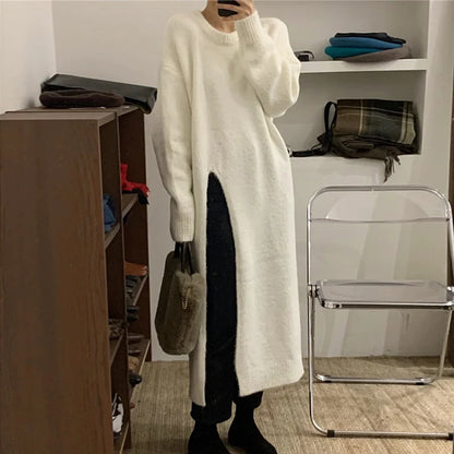 vmtvr Women's Side Split Knitted Sweater Dress Autumn Winter Solid Design Woolen O-Neck Long Sleeve Dress Loose Fashion Midi Robe