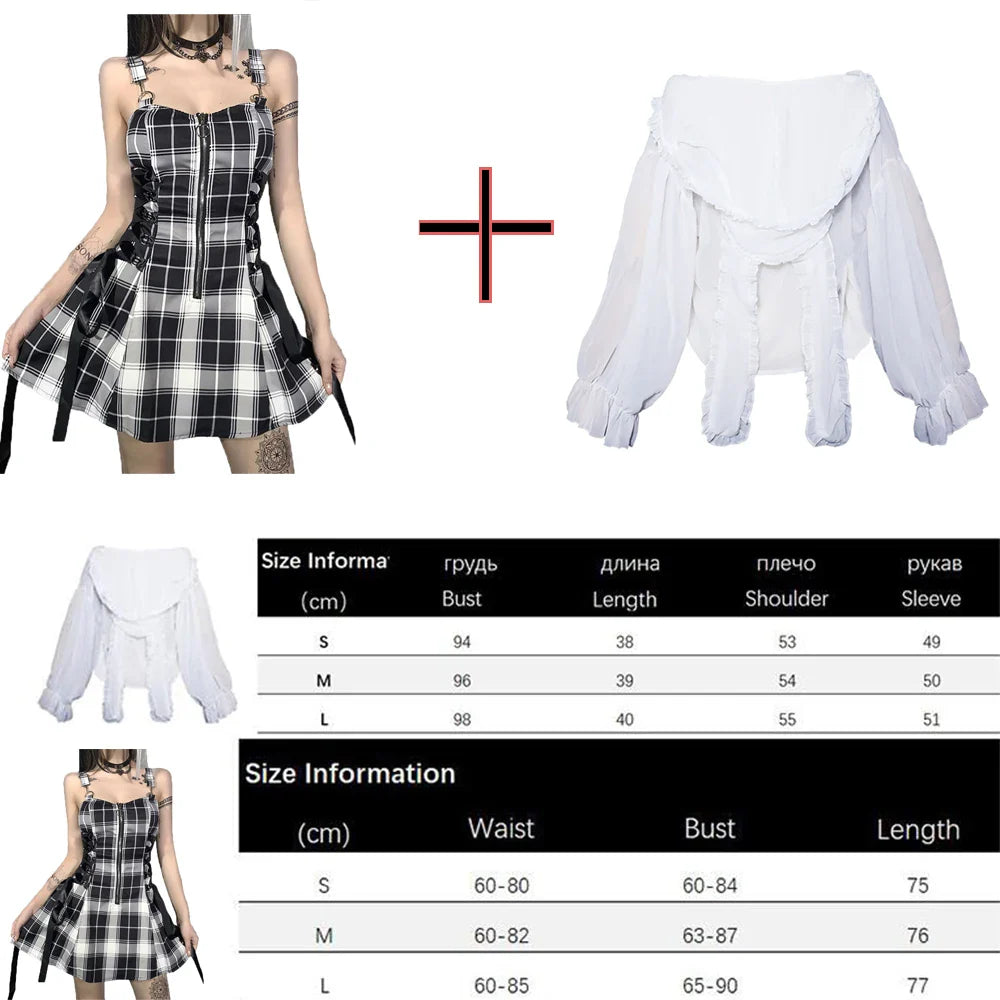 vmtvr  -  Kawaii Lolita Plaid Mini Dress Gothic E Girl Y2k Dresses Ulzzang Sweet Aesthetic Sets Sundress Fairy Grunge Cute Mall Dresses