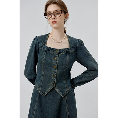 Dark Blue Women Retro Denim Sets Square Neck Puff Sleeve Female Blouses A-LINE Long Skirts Zipper Waist Women Denim Skirt