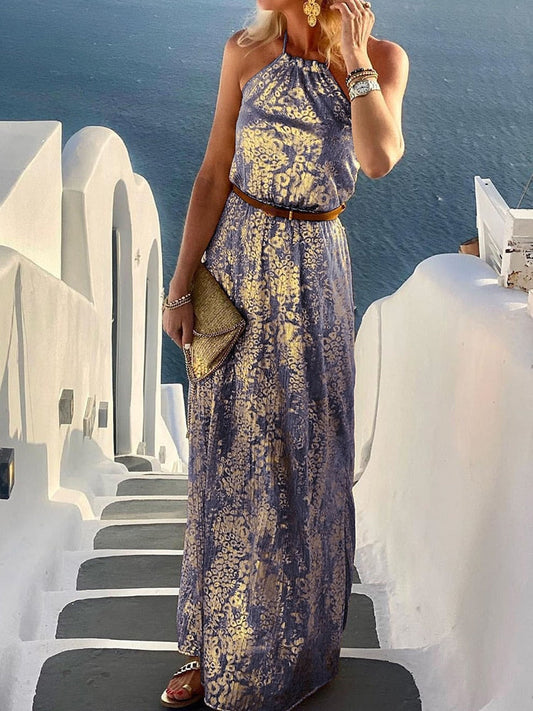 vmtvr - Beach Style Lady Casual Sleeveless Long Dress Streetwear Women Halter Backless Print Dress Loose Off Shoulder Summer Maxi Dress