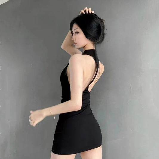 vmtvr Women Backless Bodycon Dress Korean Summer Solid Black Fashion Casual All Match Sexy Slim Fit Hanging Neck Female New Dresses