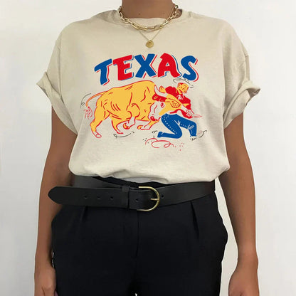 -Retro sports style outfit streetwear 90s fashion Texas Cowboy Printing Women Retro Style Khaki T Shirts Short Sleeve Loose Cotton Crewneck Tops Ins Fashion Western Graphic Tees