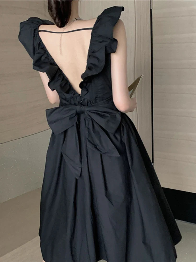 vmtvr High Waist Women Party Dress Elegant Black Summer Sleeveless A Line Tunic Ladies Dress Sexy Backless Bow Korean Vestidos