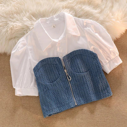 vmtvr Y2K Women Puff Sleeve Shirts Summer Fashion Cropped Patchwork Female Tops Korean Zipper All Match Student Shirt New