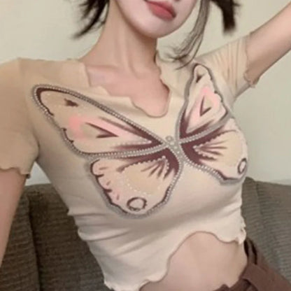 vmtvr Butterfly Graphic Sexy Women Crop Tops Summer New Korean Fashion Female Clothing Vintage Casual Chic Short Sleeve Slim T-shirt