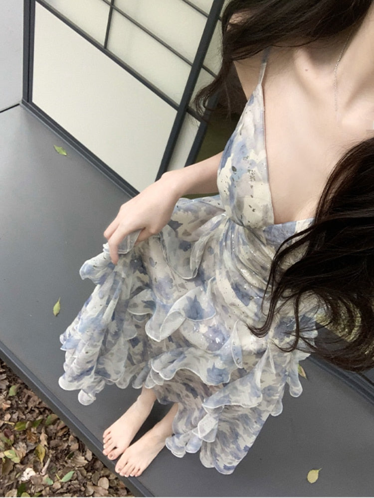 vmtvr -  Summer Chiffon Floral Midi Dress Women Casual V-Neck Beach Style Sundress Office Lady Even Party Midi Dress Korean Chic