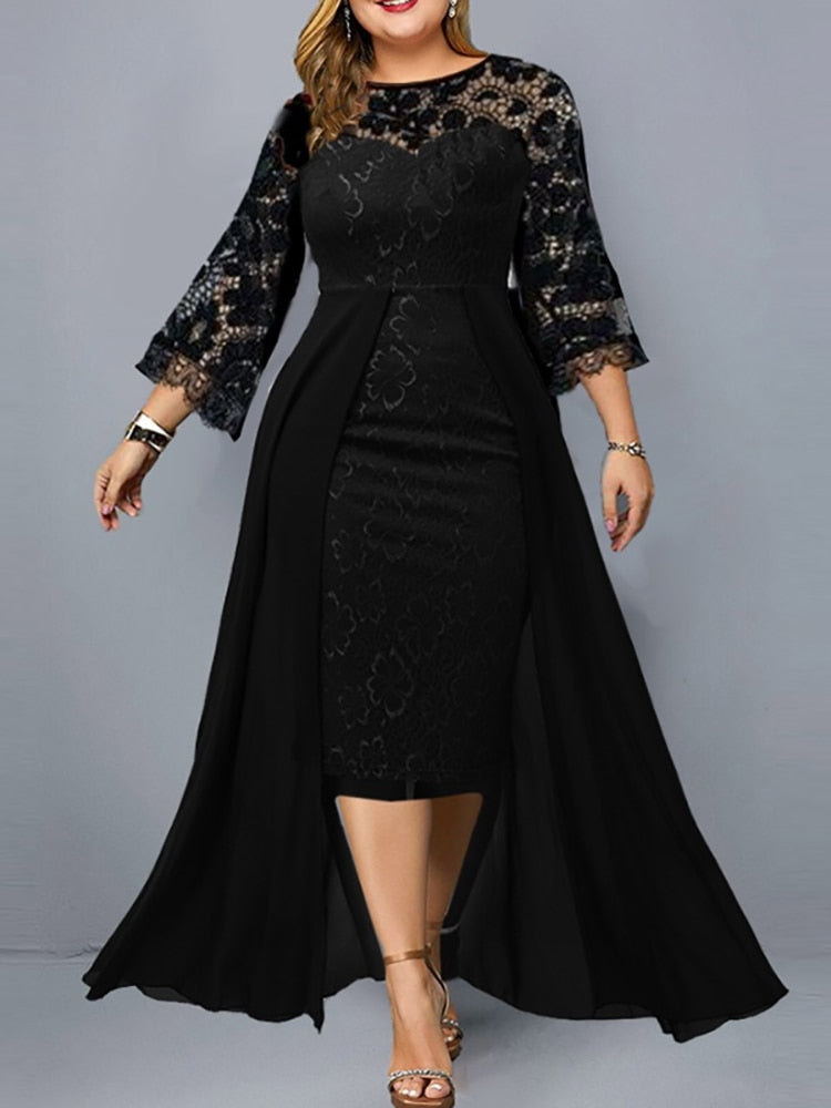 Plus Size Party Dresses for Wedding Guest Women's Fall Long Sleeve Lace Floral See Through Elegant Bodycon Dress Black