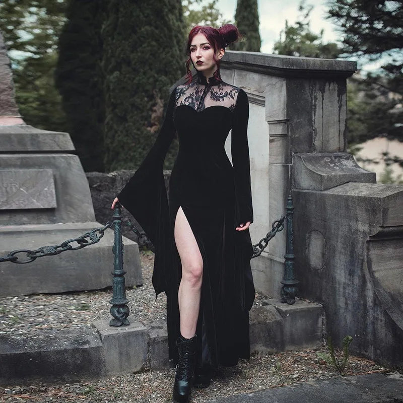 vmtvr  -  Halloween Party Long Dress Black High Waist Flared Sleeve Lace Cutout Gothic Maxi Dress Street Aesthetic Clubwear Maxi Dress
