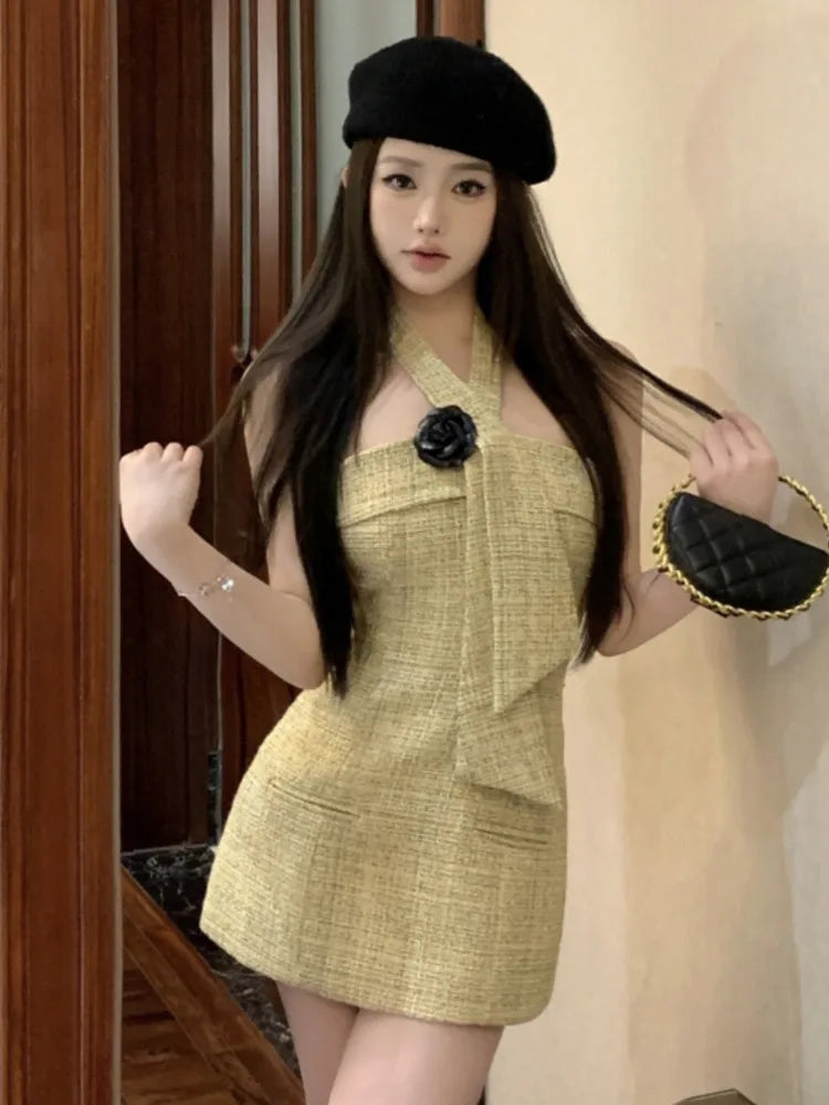 vmtvr  -  High Quality Designer Hanging Neck Hotsweet Sexy Dresses For Women Summer Sweet Fashion 3D Flower Tweed Mini Party Dress