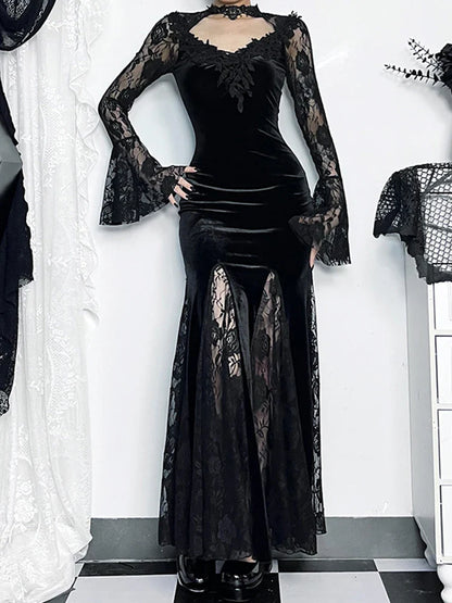 vmtvr  -  Mall Goth Lace Patchwork Fishtail Dress Women Retro Velet Transparent Embossed Long Sleeve Harajuku Ruched Lolita Dress