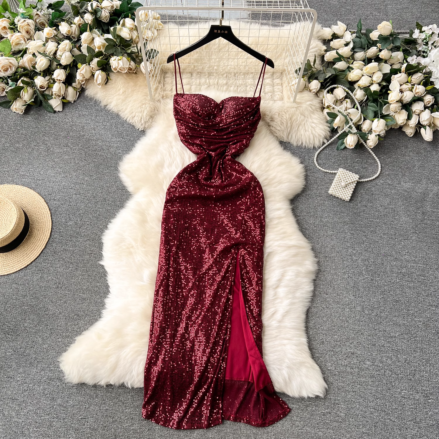 - Burgundy Sequins Dress With Split  GEU1237