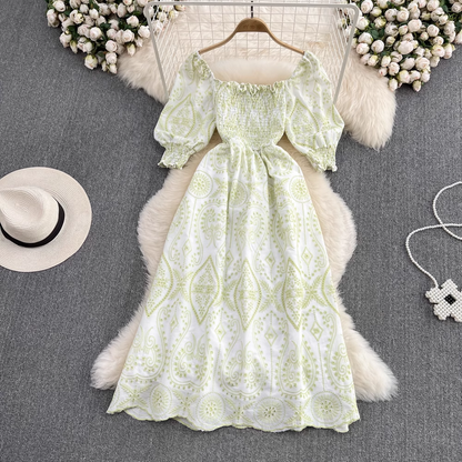 - Retro square neck puff short-sleeved hollow embroidered A-line dress GEU829
