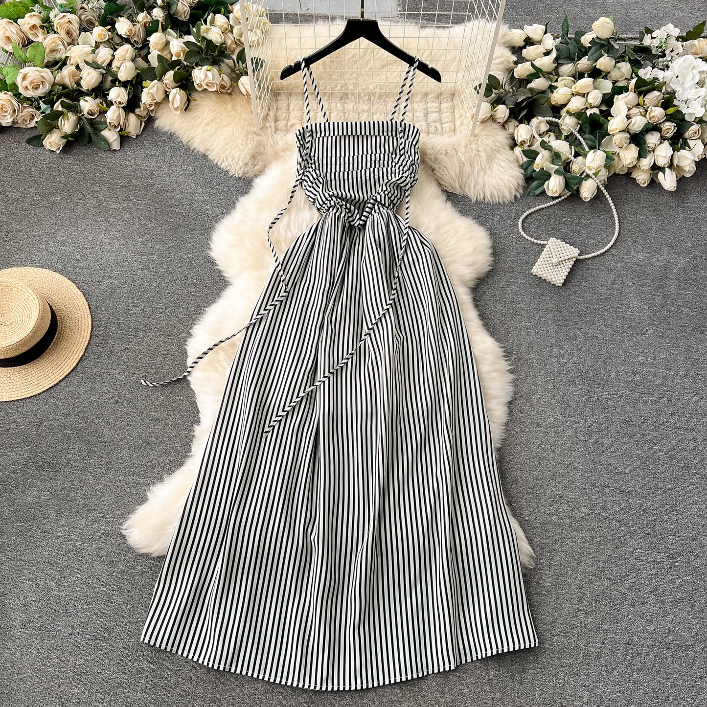 - women's long striped suspender dress GEU1196