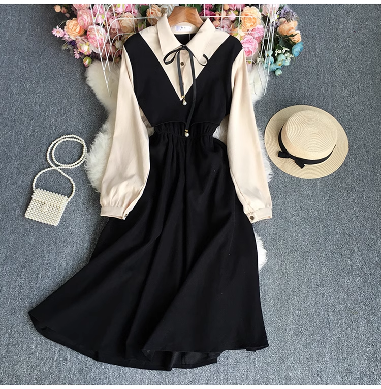 - Fake two piece color block long sleeve dress GEU530