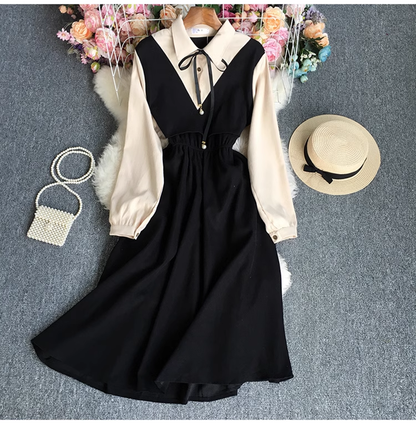 - Fake two piece color block long sleeve dress GEU530