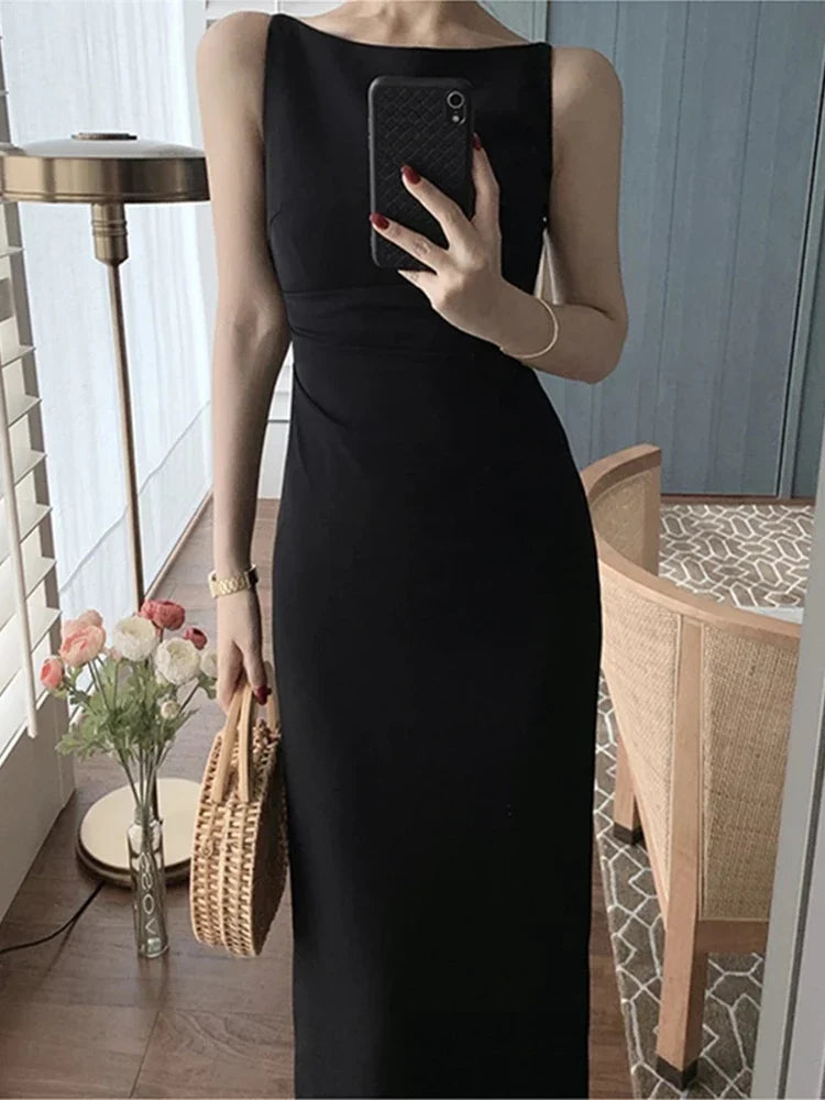 New Women Summer Fashion Spaghetti Strap Sleeveless Sexy Dress Female Elegant Evening Midi Dress