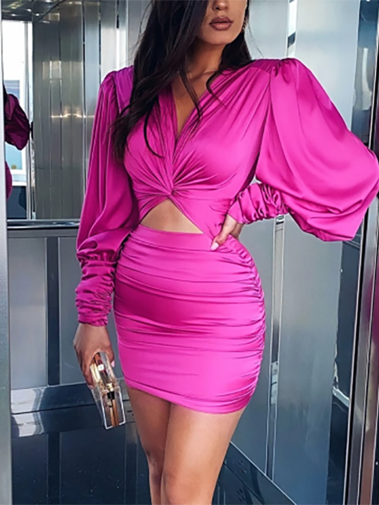 vmtvr Sexy deep v neck bodycon dress Party club hollow out mini dress Elegant winter autumn chic lantern sleeve satin dress