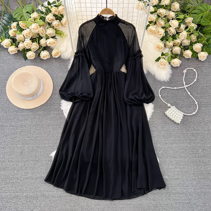 - Lantern long sleeve stand collar waist a line pleated chiffon dress GEU900