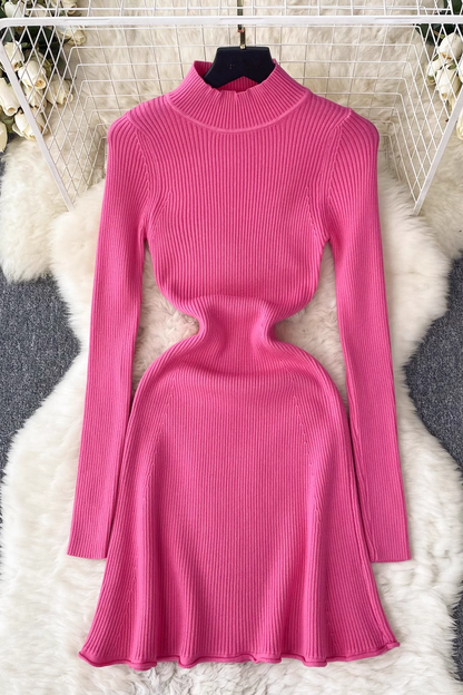 - Solid color knitted dress women's autumn and winter half turtleneck tight dress GEU514