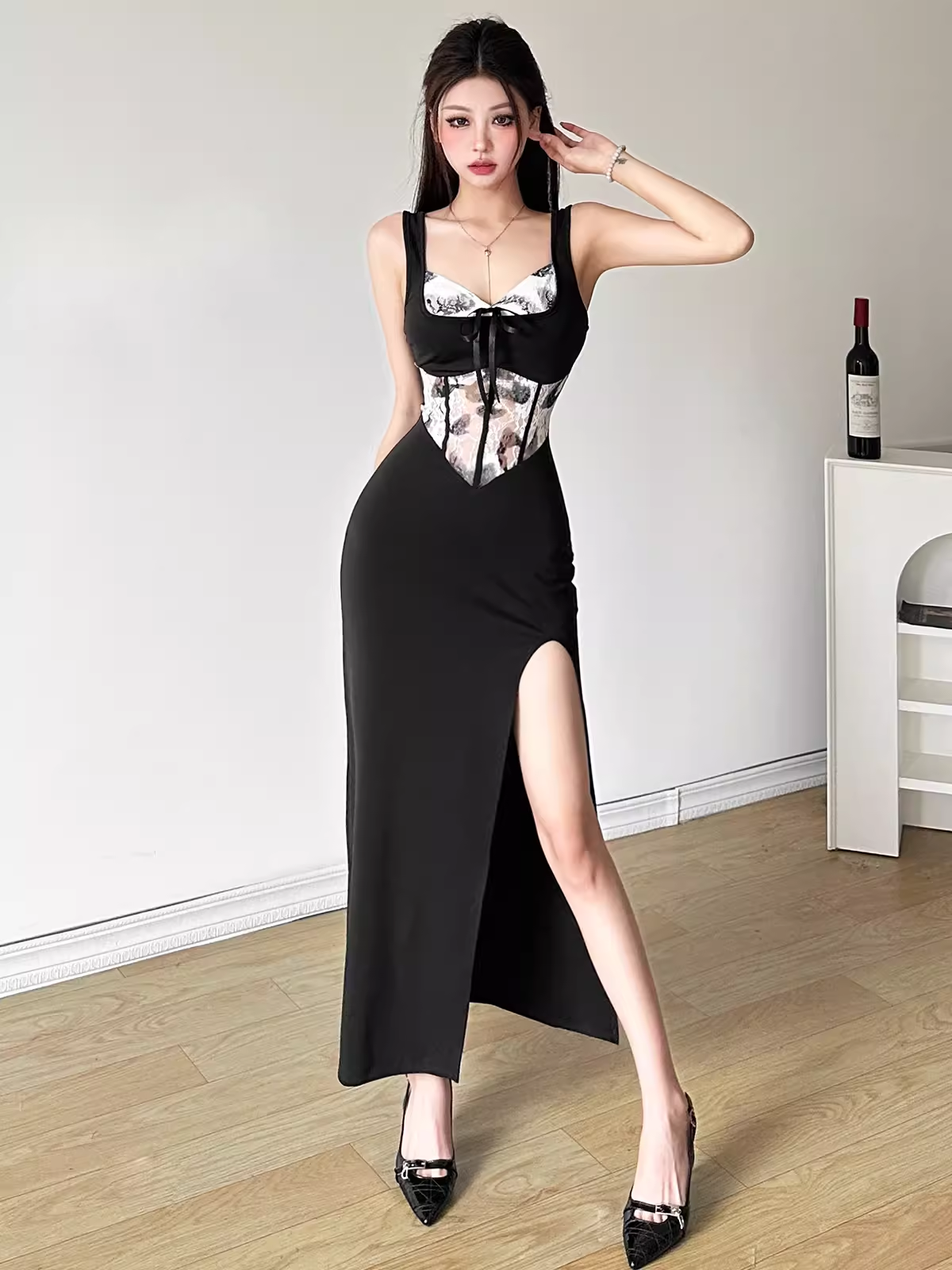 - Retro Sexy Suspender Dress for Women Lace Color Block Dress GEU1339