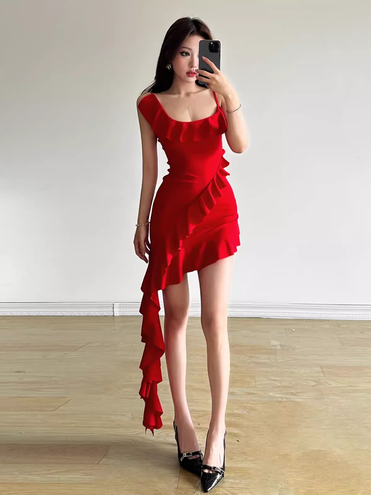 - Red irregular sexy short dress GEU1326