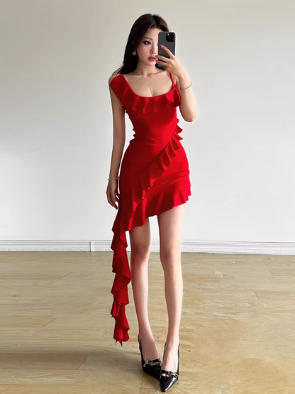 - Red irregular sexy short dress GEU1326