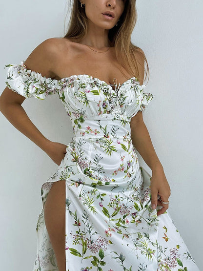 WannaThis Summer Floral Off Shoulder Puff Sleeve Maxi Dress For Woman Robe Sexy Lace Up Side Split Chic Mid-Calf Aesthetic Dress