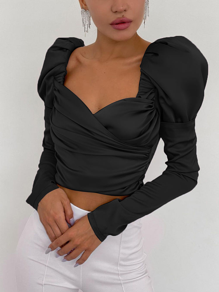 -Satin Folds Women Top V Neck Puff Sleeve Spring T-shirts Slim Sexy Casual Office Lady Elegant Aesthetic Female Clothing