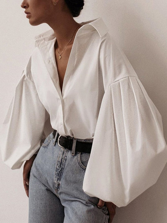 -Lantern Sleeve Elegant Shirt Blouse White Black Button Vintage Turn Down Collar Office Ladies Shirt Female Casual