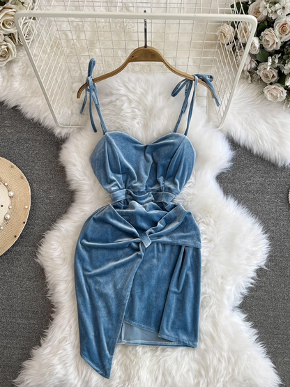 - Autumn and winter fashionable and sexy velvet irregular suspender dress with breast pads for women GEU904