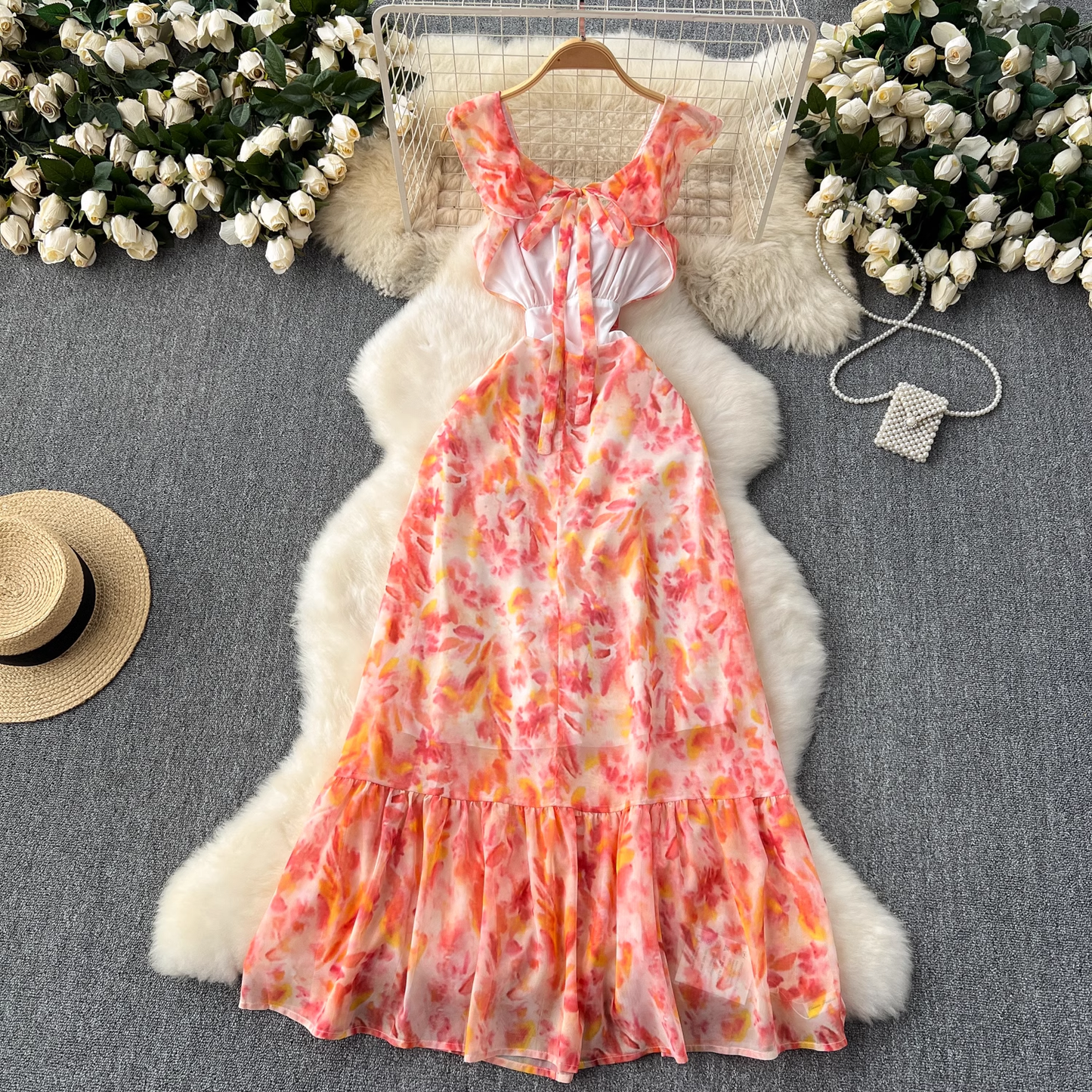 - Sexy hollow backless floral chiffon vacation dress GEU1083