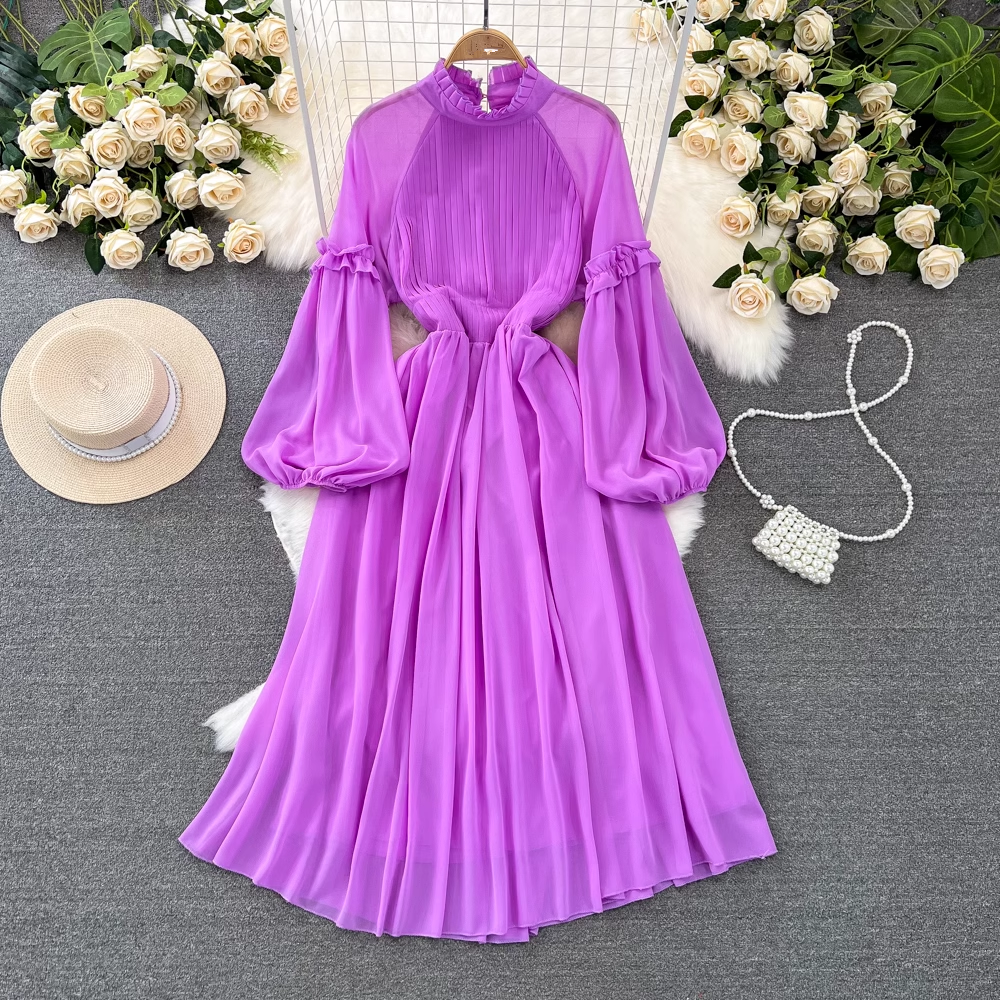 - Lantern long sleeve stand collar waist a line pleated chiffon dress GEU900