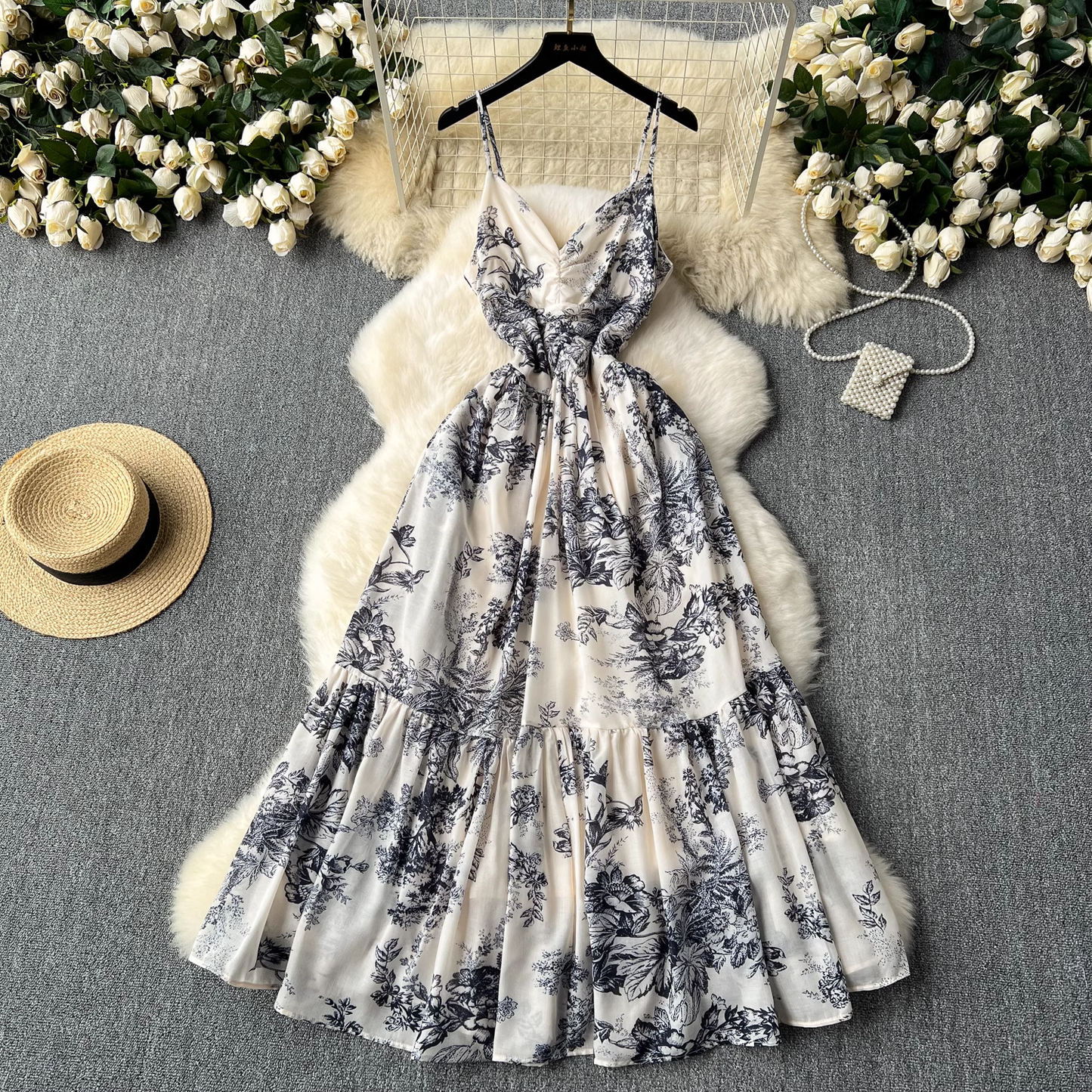 - Women's summer retro ink print suspender dress GEU1120