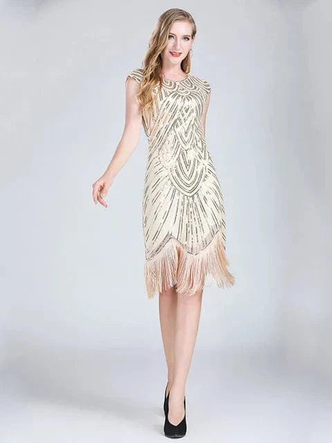 Women 1920s Flapper Dress Great Gatsby Dress V-Neck Sleeve Sequin Fringe Party Midi Dress Vestido Summer Women Dress