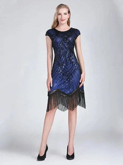 Women 1920s Flapper Dress Great Gatsby Dress V-Neck Sleeve Sequin Fringe Party Midi Dress Vestido Summer Women Dress