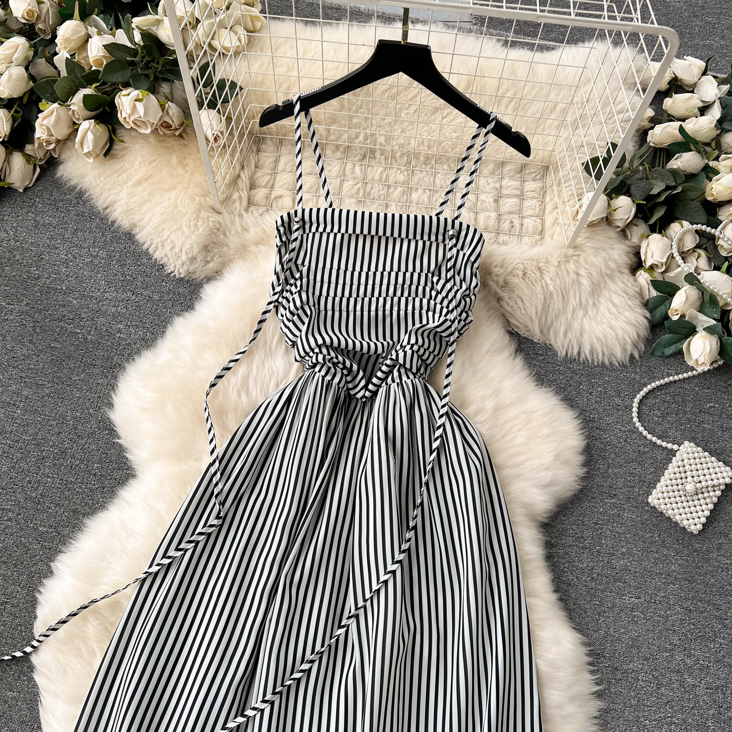 - women's long striped suspender dress GEU1196