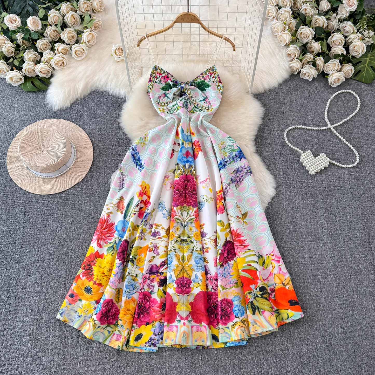 - Colorful floral suspender seaside vacation dress  GEU1424