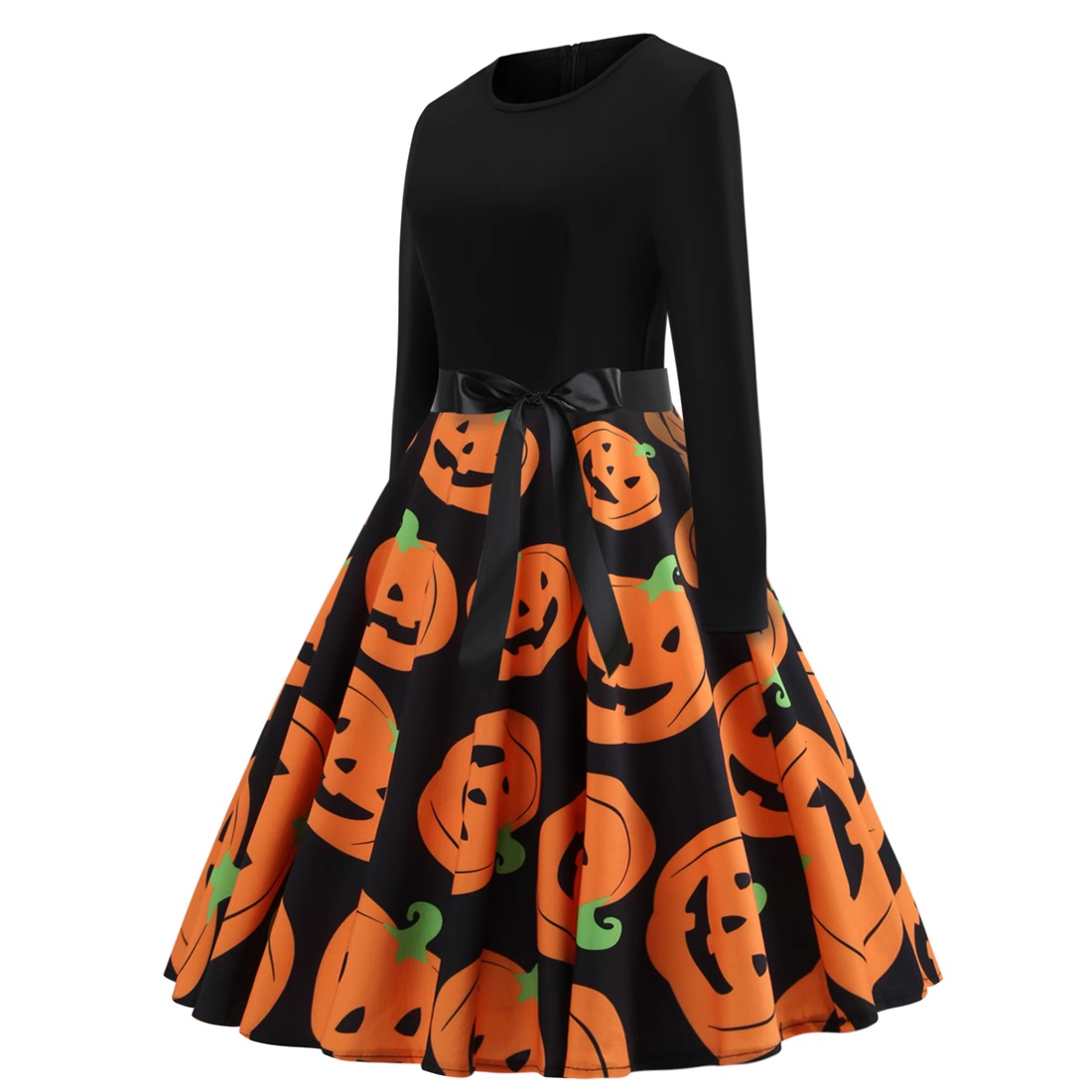 - Halloween costume retro women's long-sleeved contrast black and pumpkin print dress GEU686