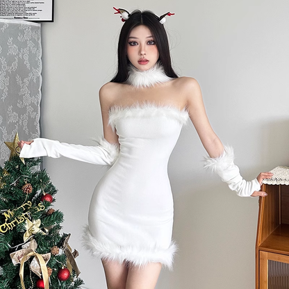 - Christmas limited plush trim tube top dress GEU879