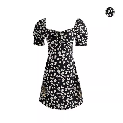 - Retro pastoral floral daisy slim square neck dress  GEU484